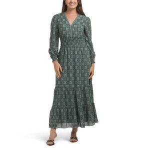 NEW MAX STUDIO LONDON DARK GREEN Long Sleeve V-neck Maxi Dress